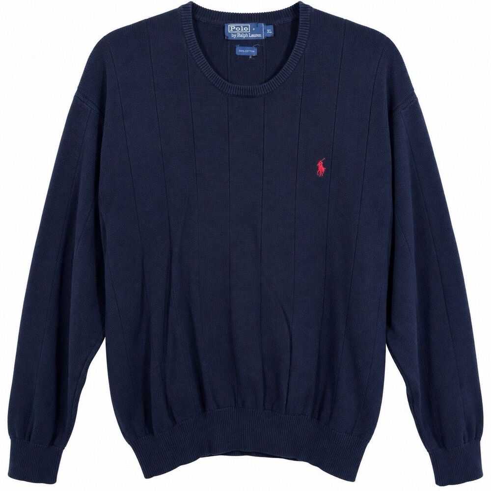 Polo Ralph Lauren Sweater Mens XL Navy Blue 100% Cotton Crewneck Red Pony